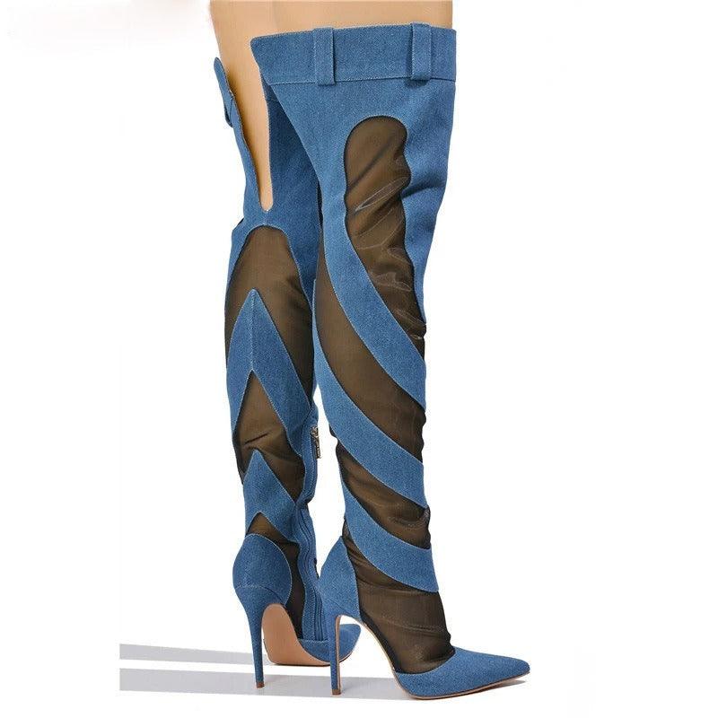 Patchwork Thigh High Knee Boots - Brazen Blue & Jet Black | Ultra High Heels