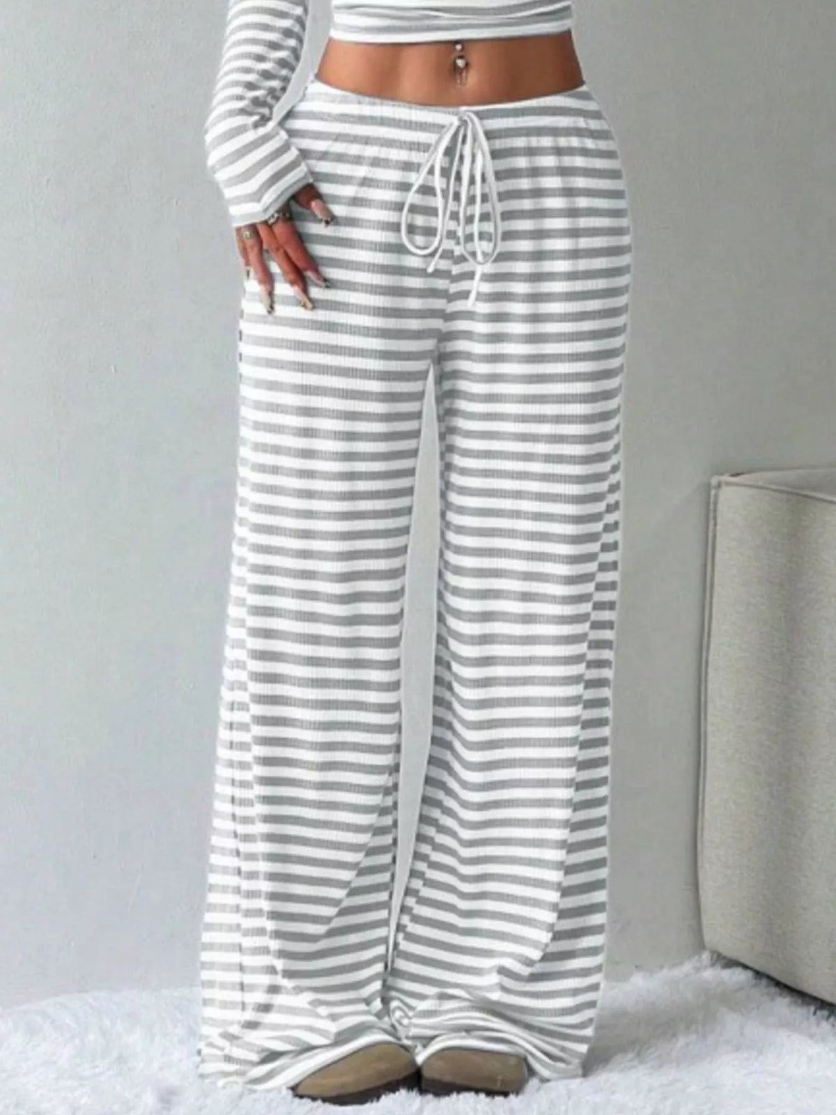 Striped Long Sleeve Crop Top and Wide Leg Pants Set