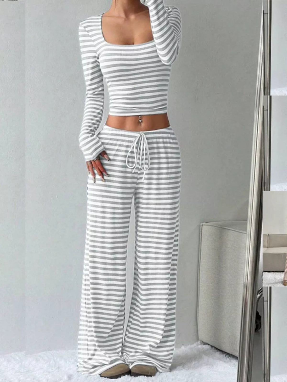 Striped Long Sleeve Crop Top and Wide Leg Pants Set