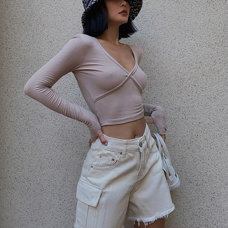 Large pocket loose embryo color five-point overalls shorts raw edge jeans casual pants women