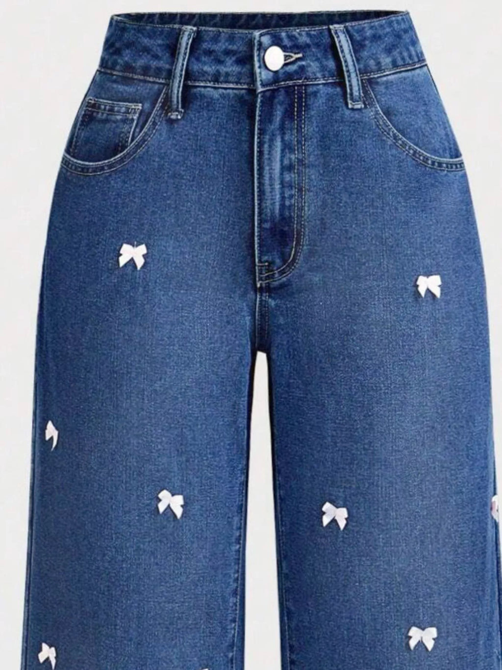 Bow-Embellished Wide Leg Jeans