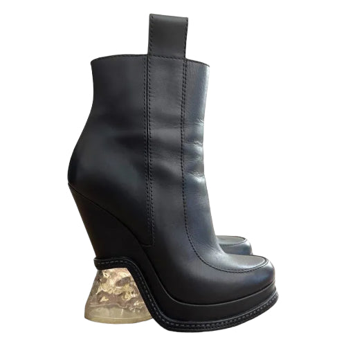 FENDI Black Leather Lucite Ice Heel Ankle Boots, Size 38