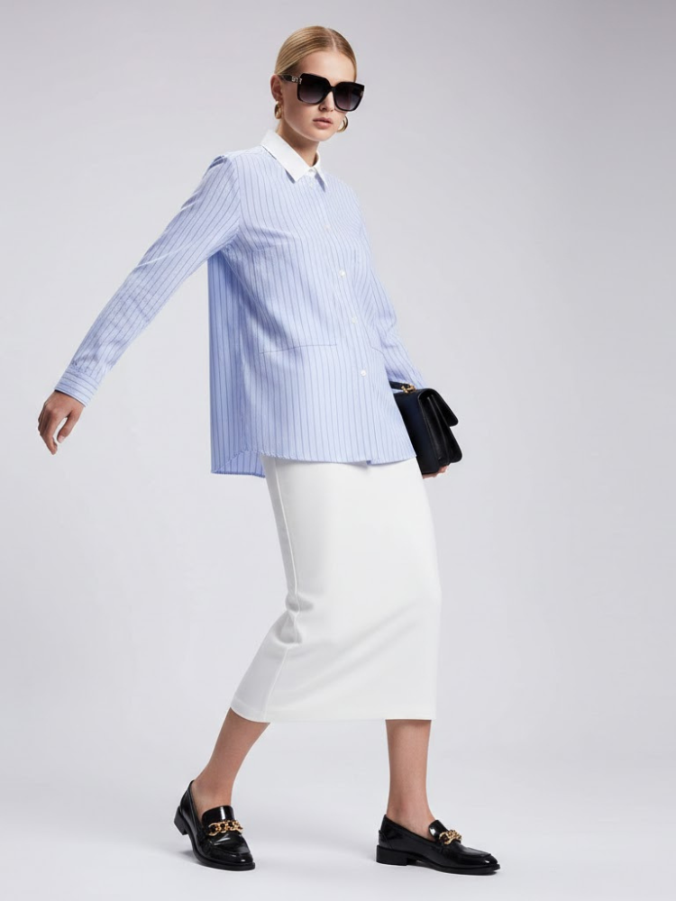 Blue Striped Shirt with Contrast Collar and Double Pockets • BYMANYC ® New York