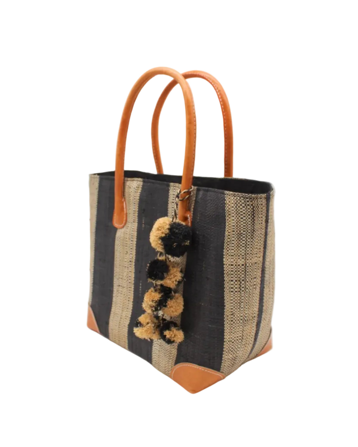 Bora Bora Medium Raffia Straw Basket Bag with Waterfall Pompoms Charm Embellishment