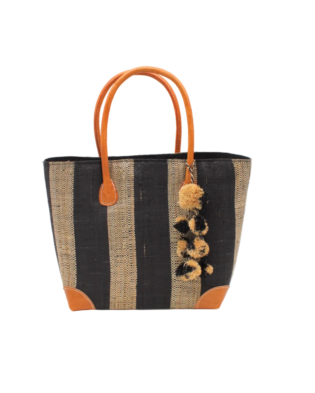 Bora Bora Medium Raffia Straw Basket Bag with Waterfall Pompoms Charm Embellishment