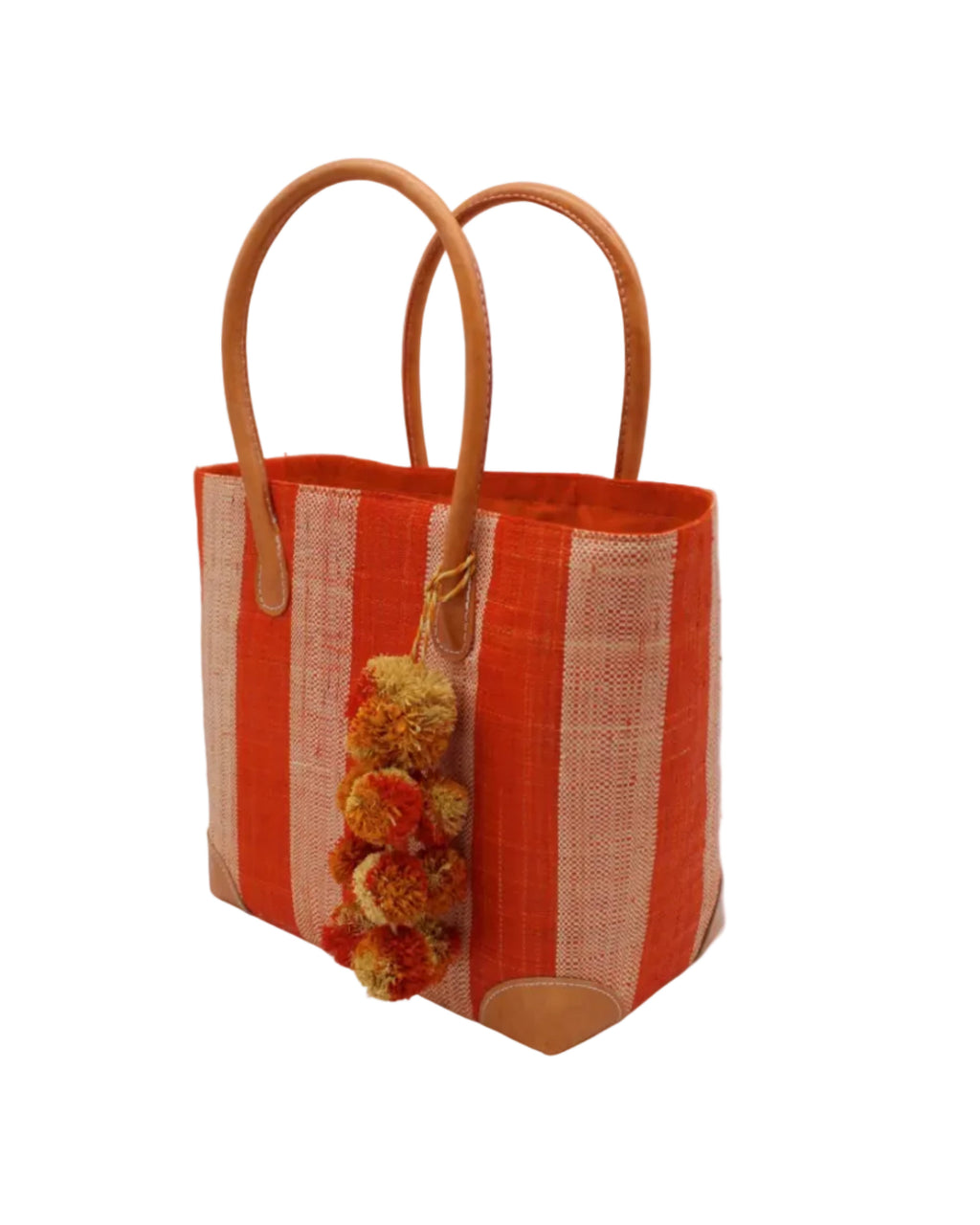 Bora Bora Medium Raffia Straw Basket Bag with Waterfall Pompoms Charm Embellishment