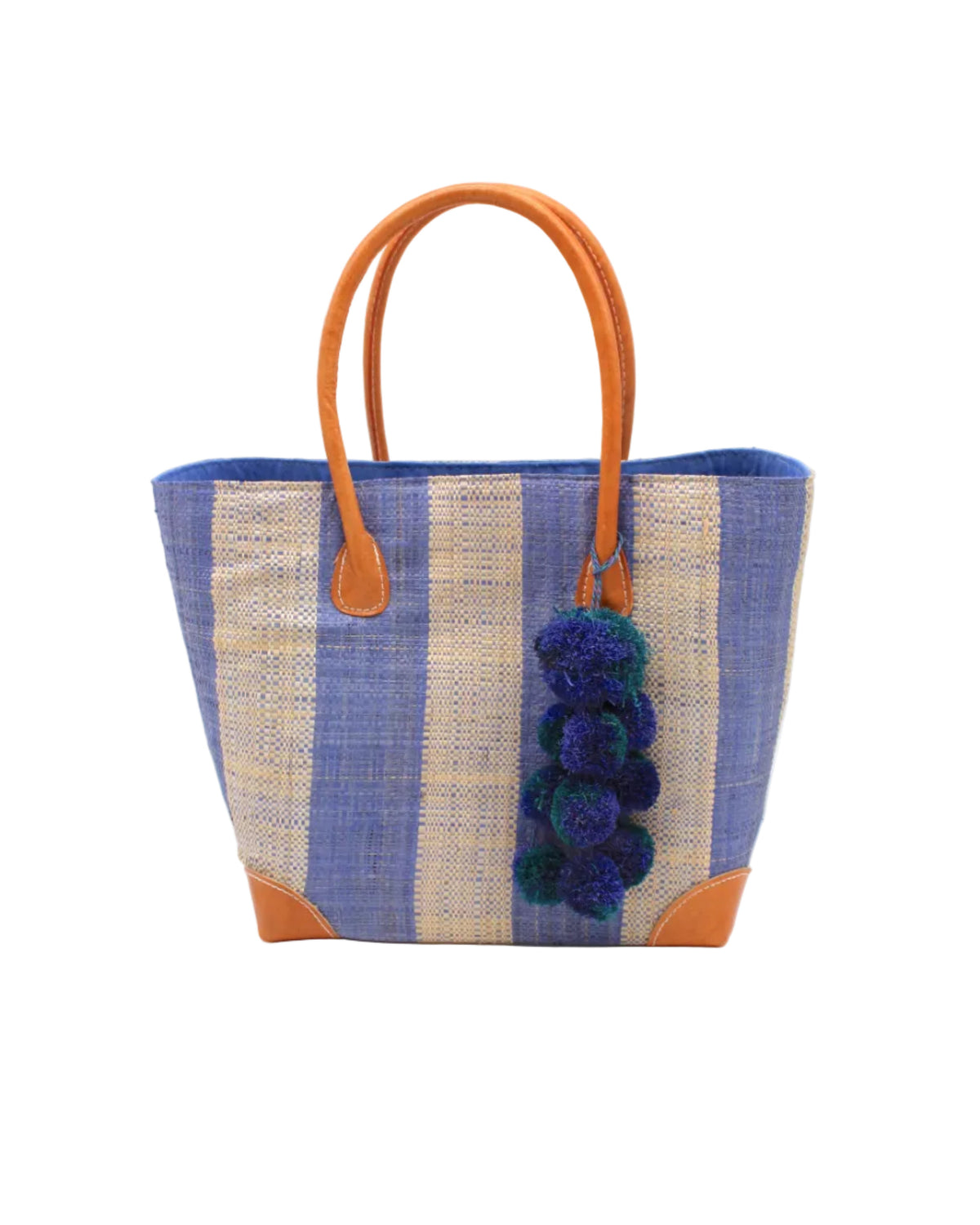 Bora Bora Medium Raffia Straw Basket Bag with Waterfall Pompoms Charm Embellishment
