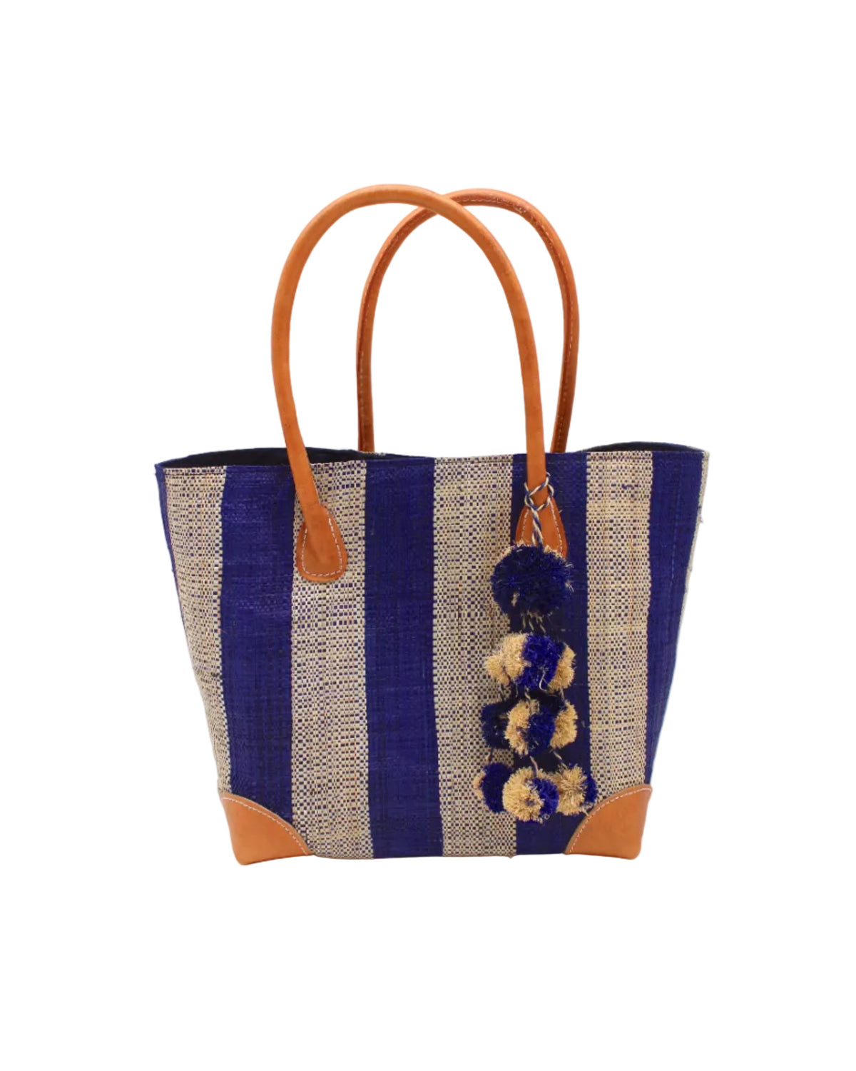 Bora Bora Medium Raffia Straw Basket Bag with Waterfall Pompoms Charm Embellishment