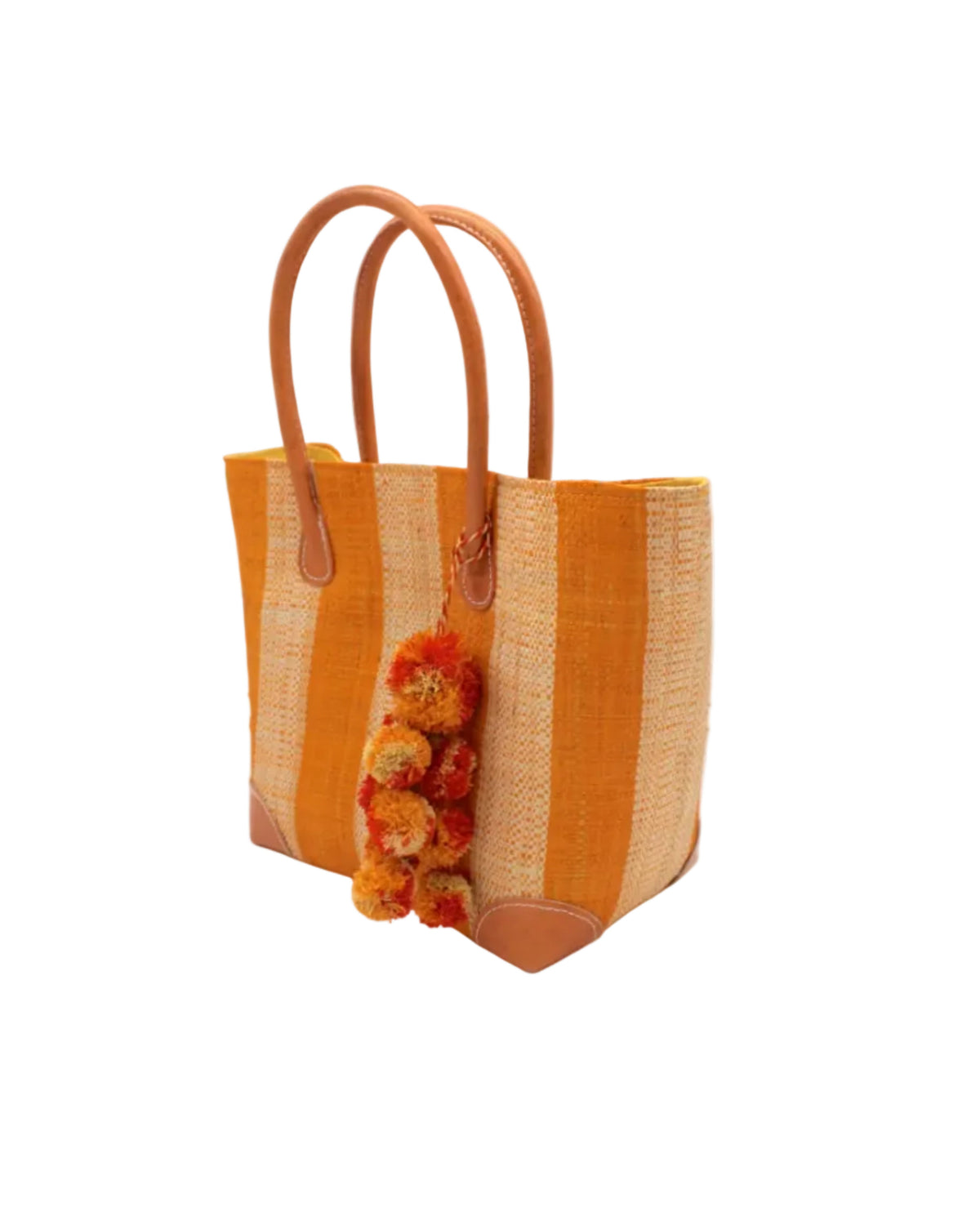 Bora Bora Medium Raffia Straw Basket Bag with Waterfall Pompoms Charm Embellishment