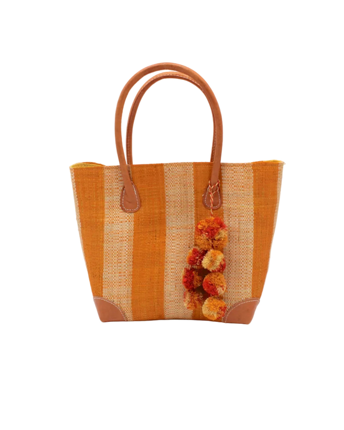 Bora Bora Medium Raffia Straw Basket Bag with Waterfall Pompoms Charm Embellishment