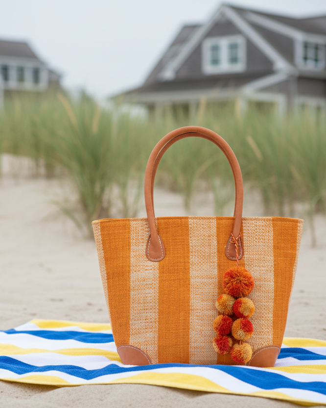 Bora Bora Medium Raffia Straw Basket Bag with Waterfall Pompoms Charm Embellishment