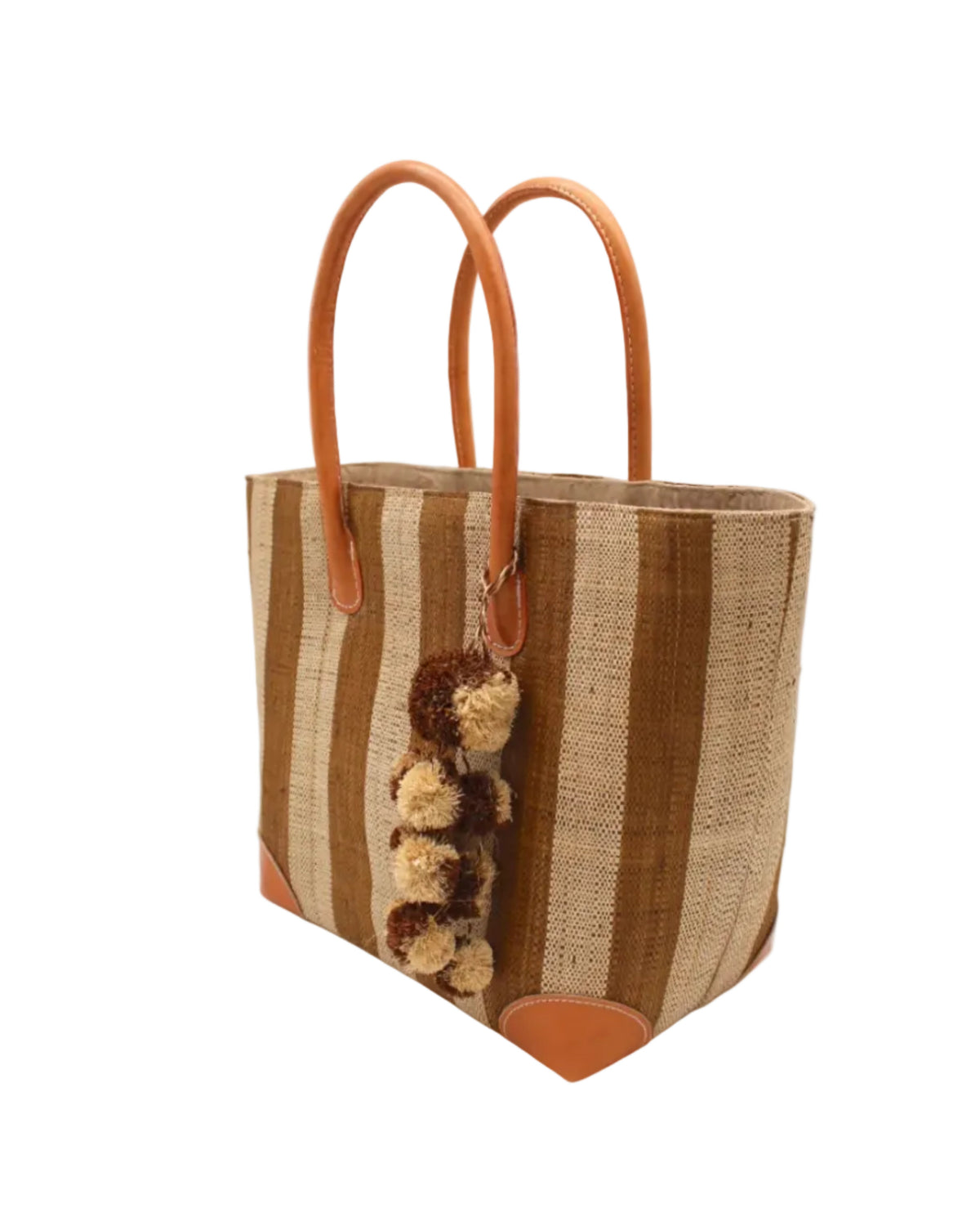 Bora Bora Medium Raffia Straw Basket Bag with Waterfall Pompoms Charm Embellishment