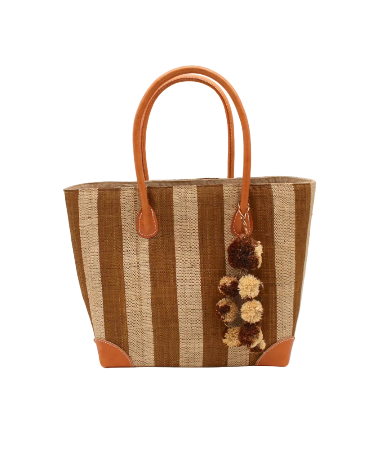 Bora Bora Medium Raffia Straw Basket Bag with Waterfall Pompoms Charm Embellishment