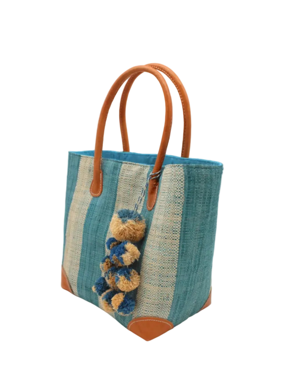 Bora Bora Medium Raffia Straw Basket Bag with Waterfall Pompoms Charm Embellishment