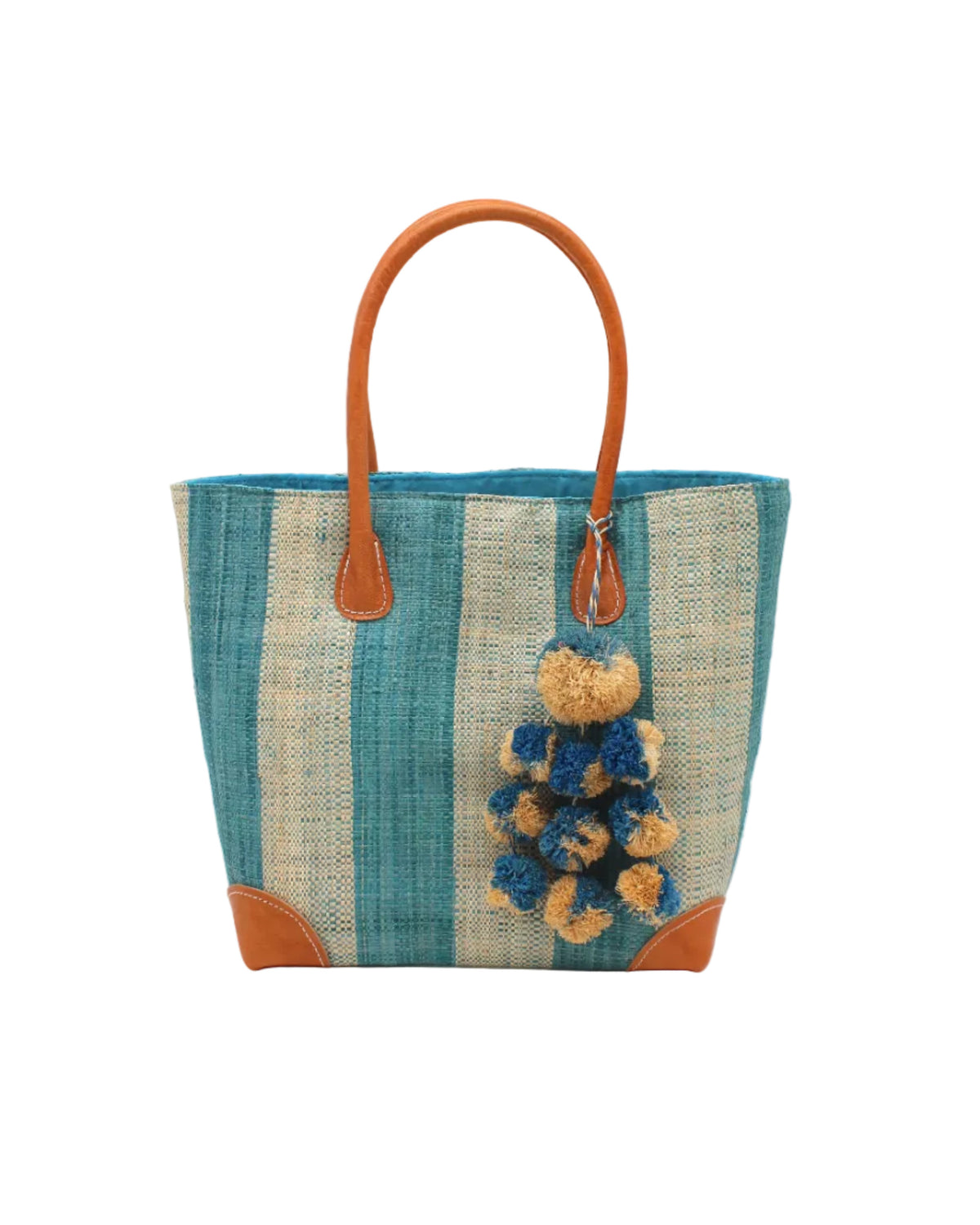 Bora Bora Medium Raffia Straw Basket Bag with Waterfall Pompoms Charm Embellishment