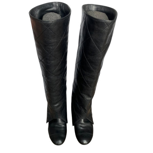 CHANEL Black Leather Quilted Overlay Knee High Boots, Size 37.5