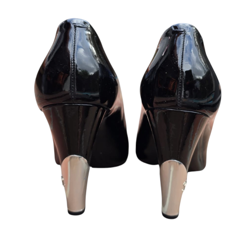 CHANEL Black Patent Leather Peep Toe CC Logo Silver Heel Pumps, Size 38