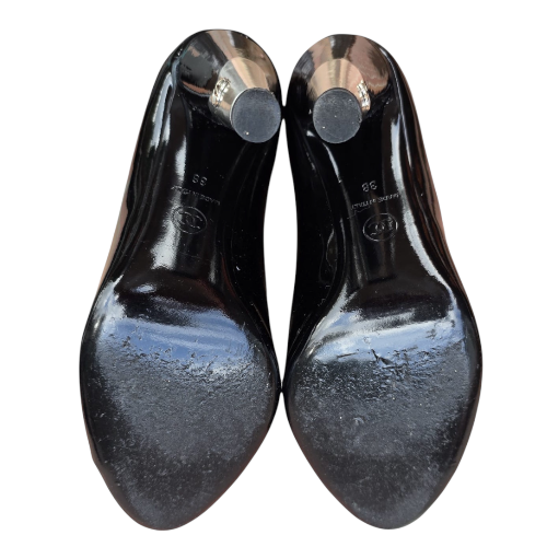 CHANEL Black Patent Leather Peep Toe CC Logo Silver Heel Pumps, Size 38