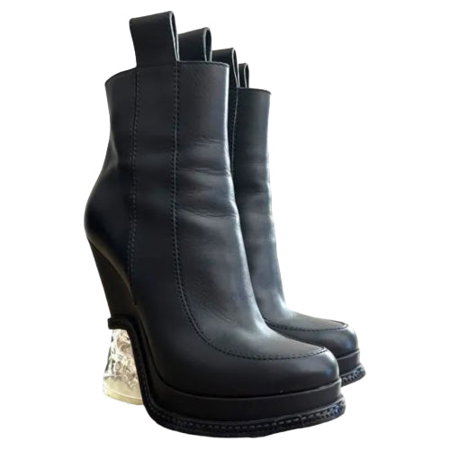 FENDI Black Leather Lucite Ice Heel Ankle Boots, Size 38