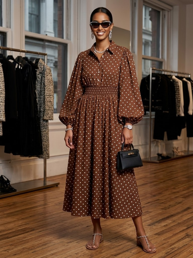 Brown Polka Dot Shirt Dress TRIBECA New Collection FASHION BYMANYC ® New York