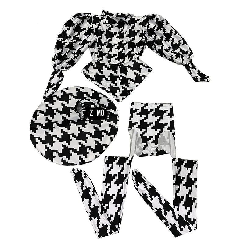 Houndstooth Geometric Print Bodysuit, Over-Knee Boots & Statement Hat 3-Piece Stage Costume Set