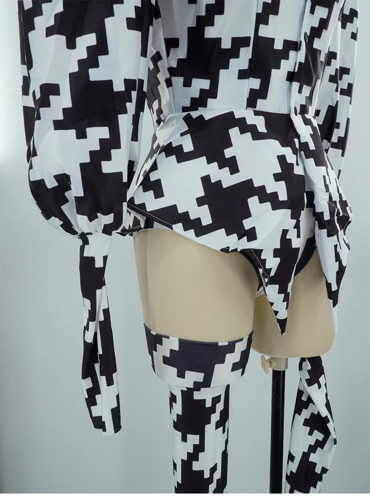 Houndstooth Geometric Print Bodysuit, Over-Knee Boots & Statement Hat 3-Piece Stage Costume Set