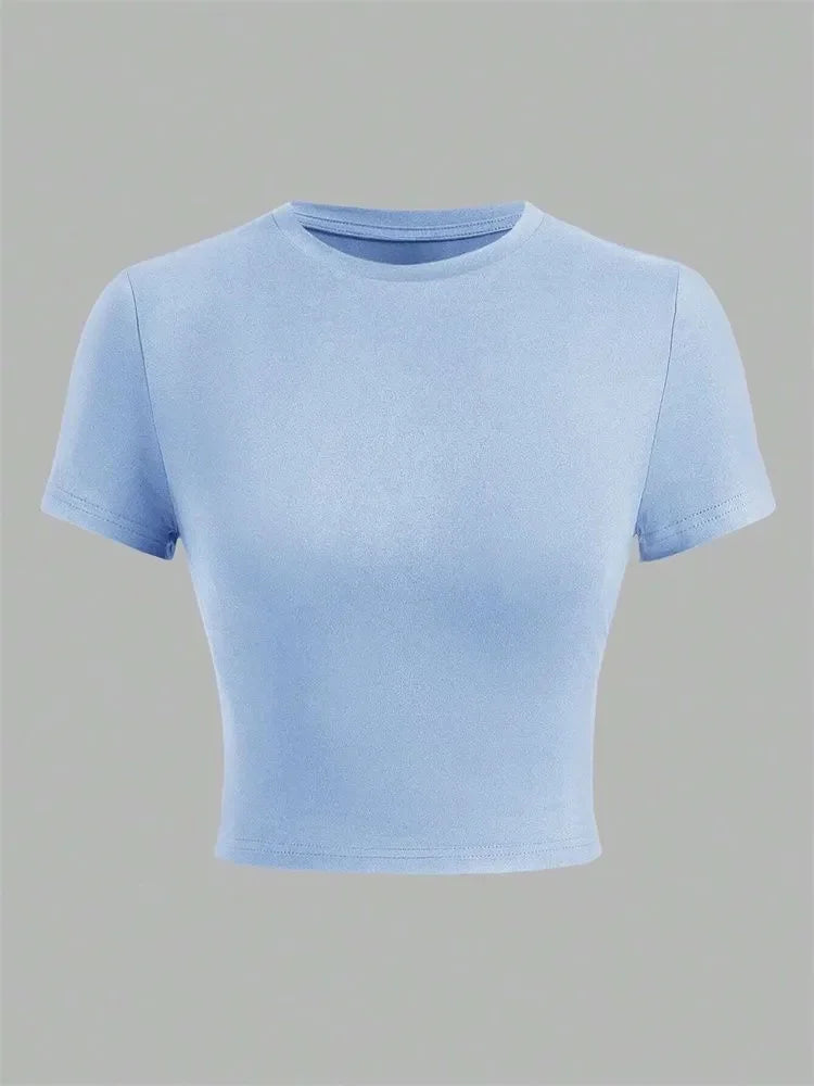 Solid Color Basic Cropped Tshirts for Women Casual Round Neck Short Sleeve Crop Top Summer Slim Fit Tee Shirt Streetwear