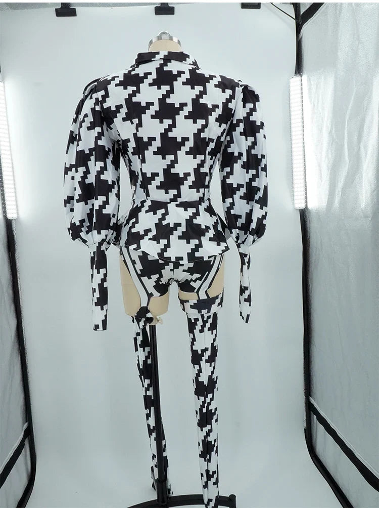 Houndstooth Geometric Print Bodysuit, Over-Knee Boots & Statement Hat 3-Piece Stage Costume Set