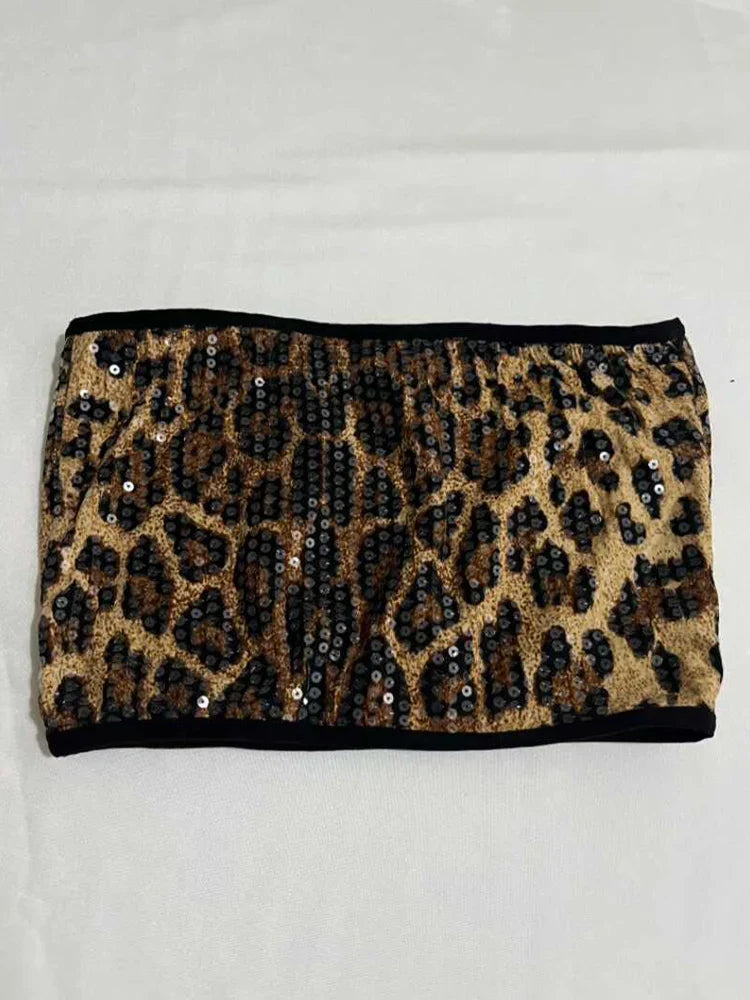 Sequined Top & High-Waist Leopard Print Shorts 2-Piece Gogo Dance Set
