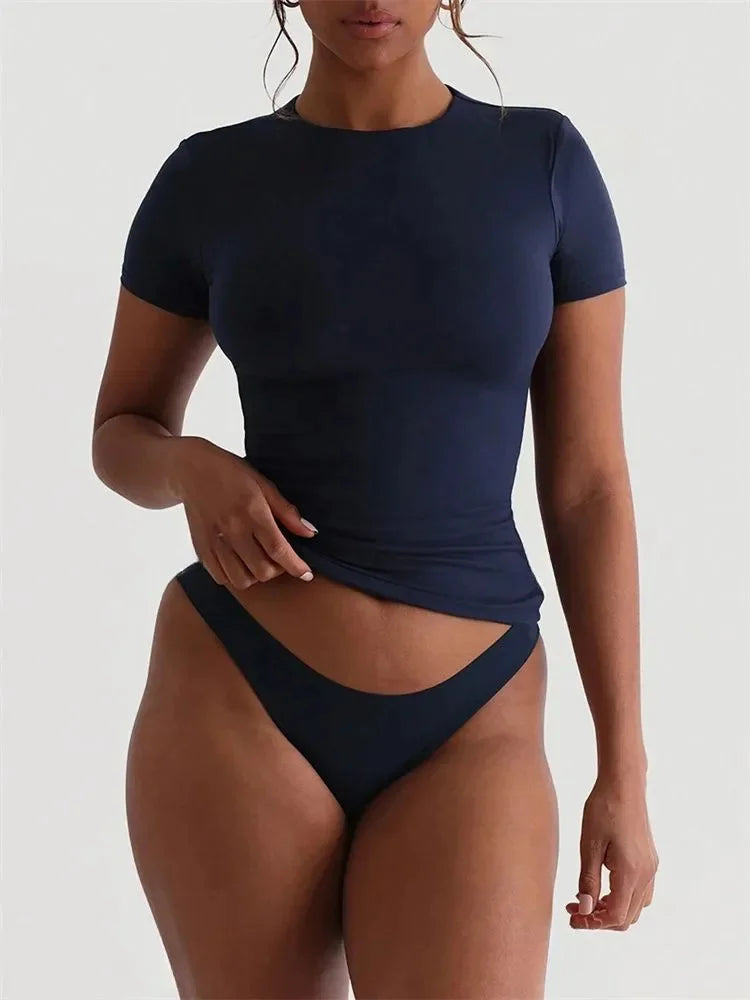 Solid Color Basic Cropped Tshirts for Women Casual Round Neck Short Sleeve Crop Top Summer Slim Fit Tee Shirt Streetwear