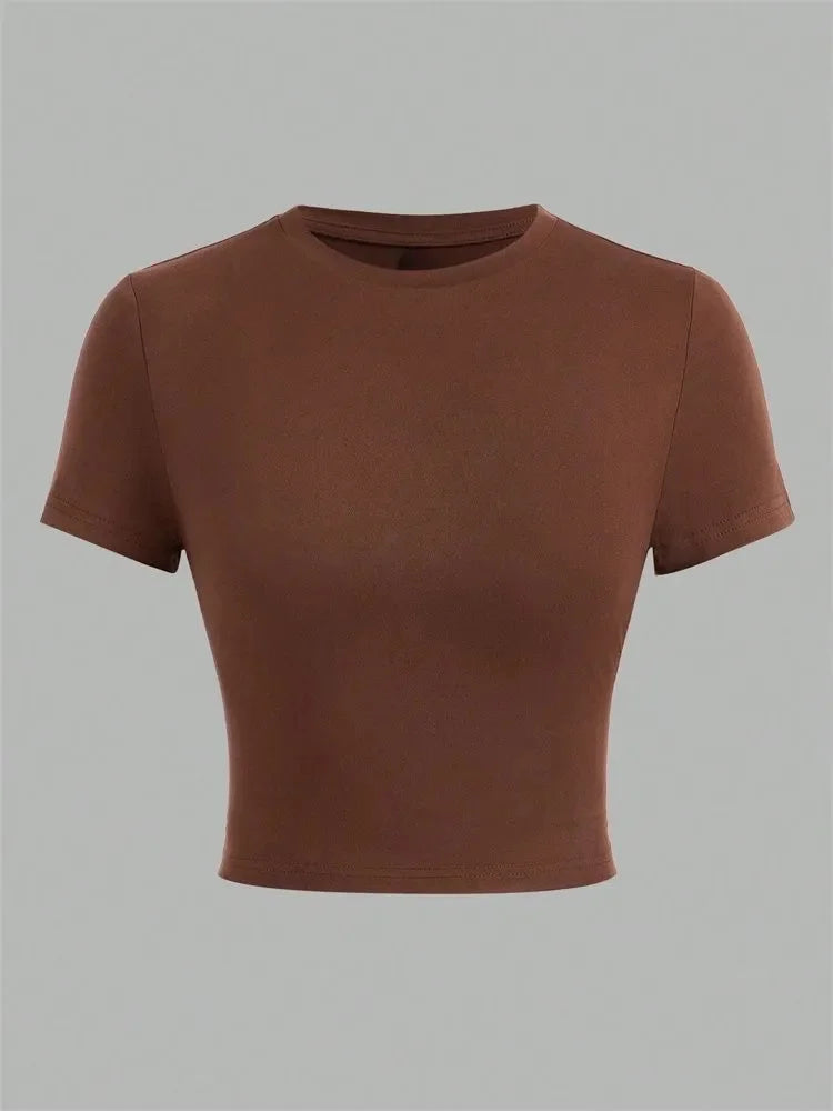 Solid Color Basic Cropped Tshirts for Women Casual Round Neck Short Sleeve Crop Top Summer Slim Fit Tee Shirt Streetwear