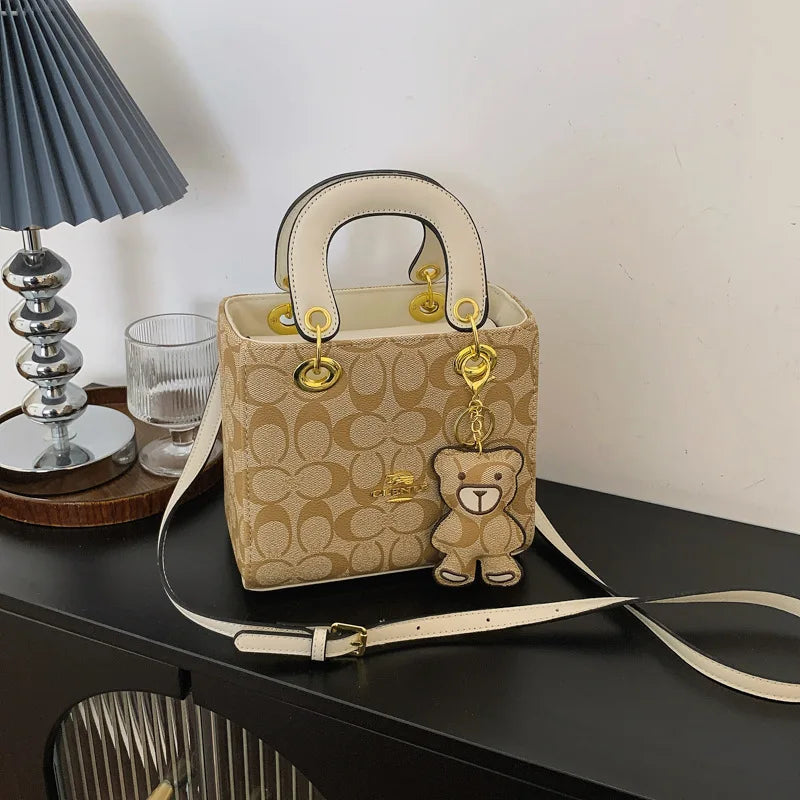 VZZS Monogram PU Tote Bag Crossbody Purse With Bear Charm For Everyday Use All Seasons