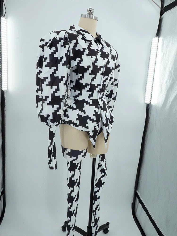 Houndstooth Geometric Print Bodysuit, Over-Knee Boots & Statement Hat 3-Piece Stage Costume Set