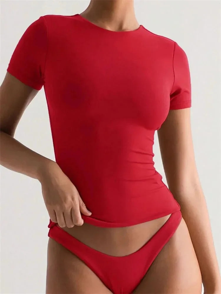 Solid Color Basic Cropped Tshirts for Women Casual Round Neck Short Sleeve Crop Top Summer Slim Fit Tee Shirt Streetwear