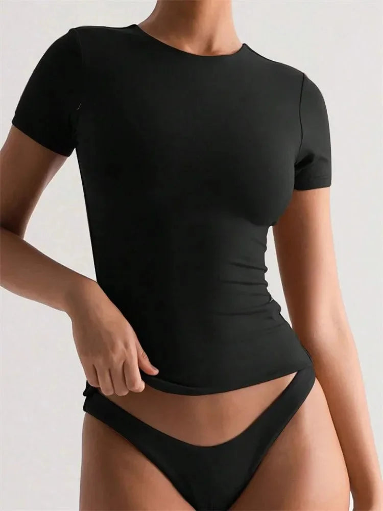 Solid Color Basic Cropped Tshirts for Women Casual Round Neck Short Sleeve Crop Top Summer Slim Fit Tee Shirt Streetwear