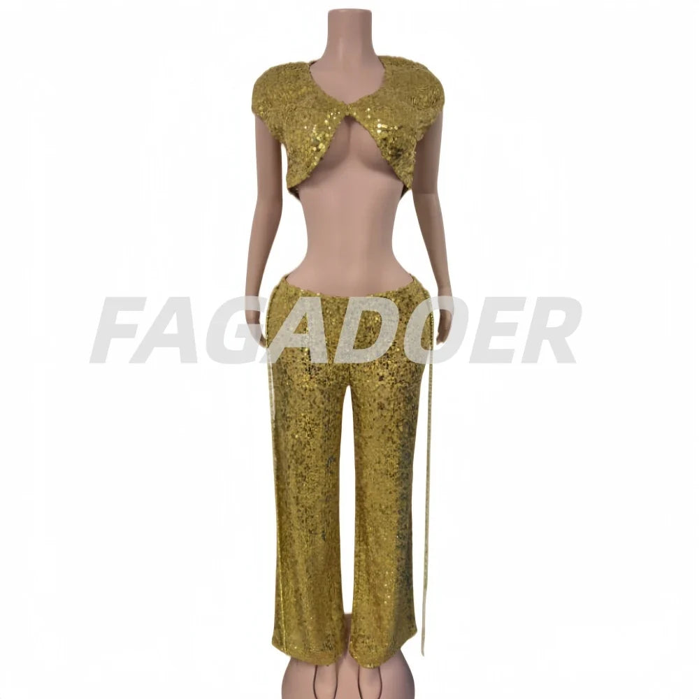 FAGADOER Sexy Hollow-out Sequin 2 Pieces Set for Woman Solid Deep V-neck Crop Top and Tassel Pants Female Streetwear Clothing