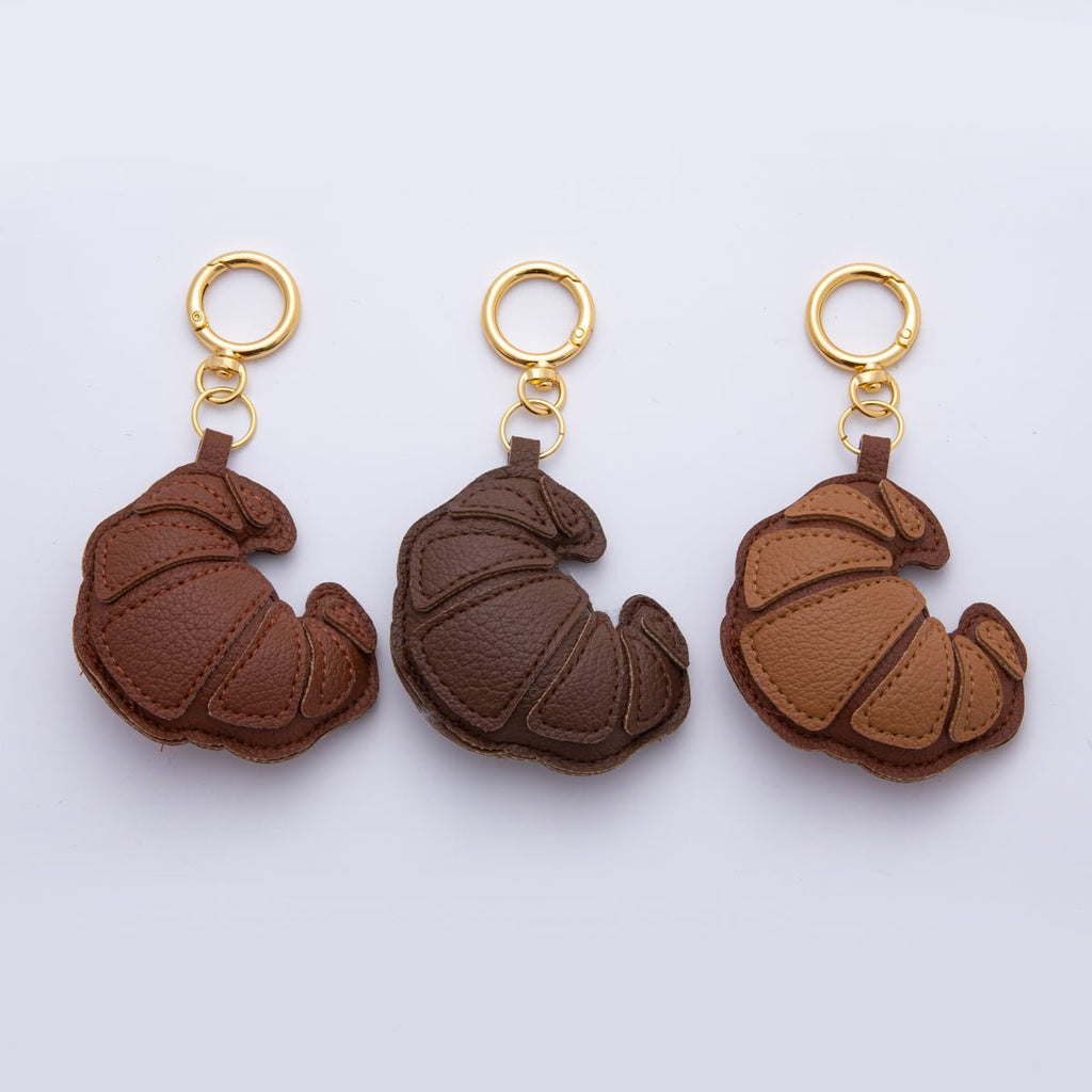 18K Gold Filled Croissant Baked Pastry Leather Bag Charm Keychain Push Gate Key Ring Accessories | WB-00098