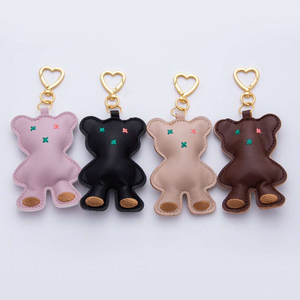 18K Gold Filled Light Brown, Black, Dark Brown, Pink Bear Leather Plush Bag Charm Keychain Heart Key Ring Accessories | WB-00042 ~ WB-00045